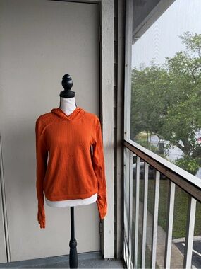 Athleta Orange Hooded Waffle Knit Pullover